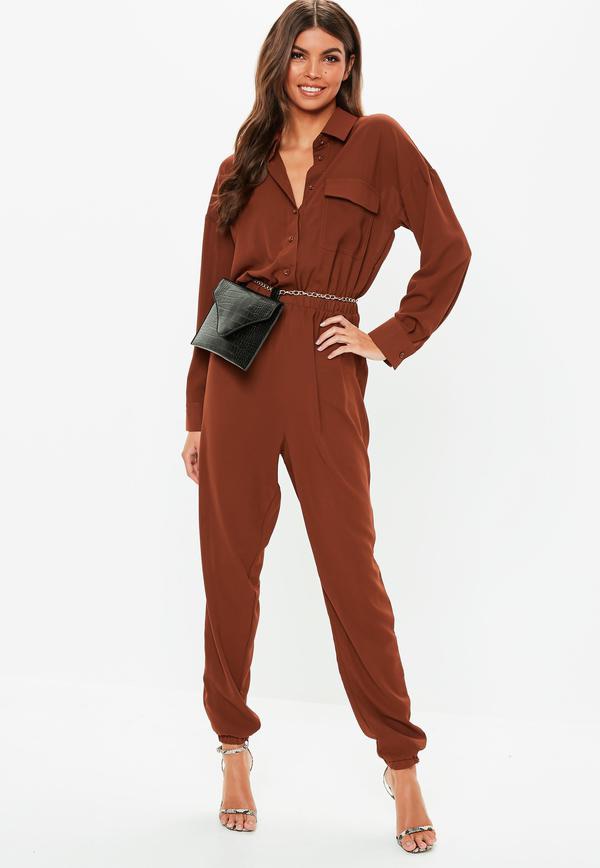 Chocolate Utility Jumpsuit - Missguided