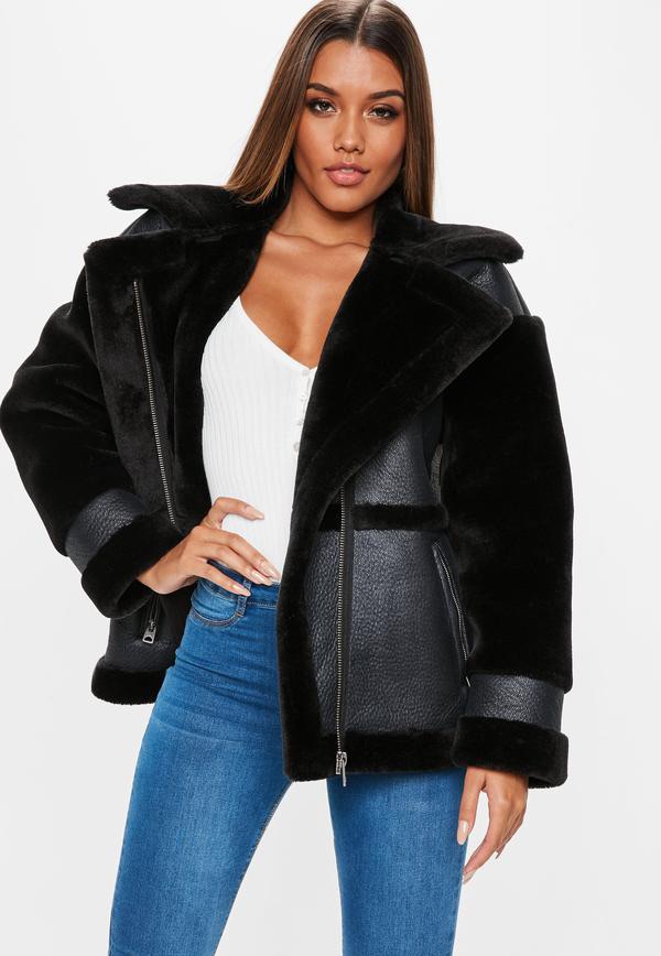 Black Faux Fur Sleeve Aviator Jacket - Missguided