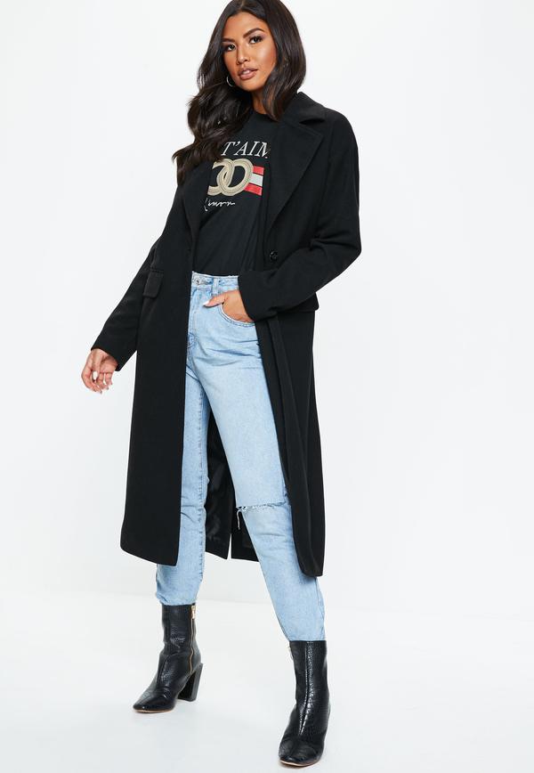 Black Longline Faux Wool Coat - Missguided
