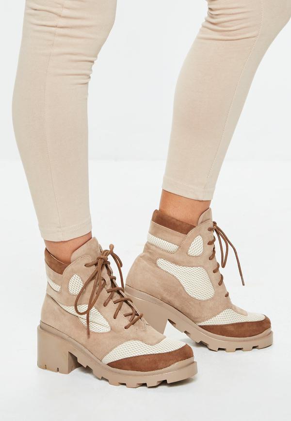 Tan Contrast Panel Lace Up Boots - Missguided