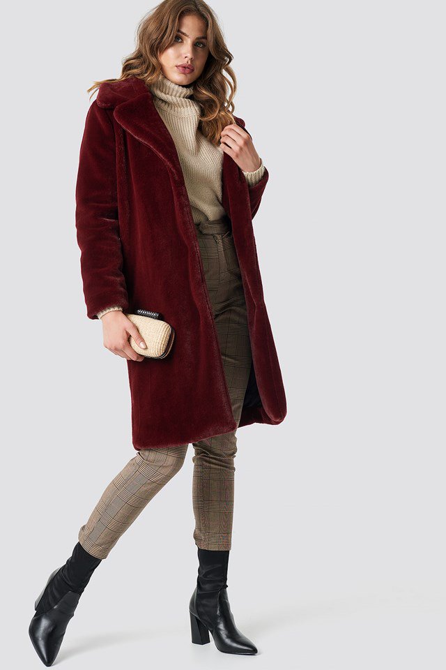 Big Collar Faux Fur Jacket Red - NA-KD